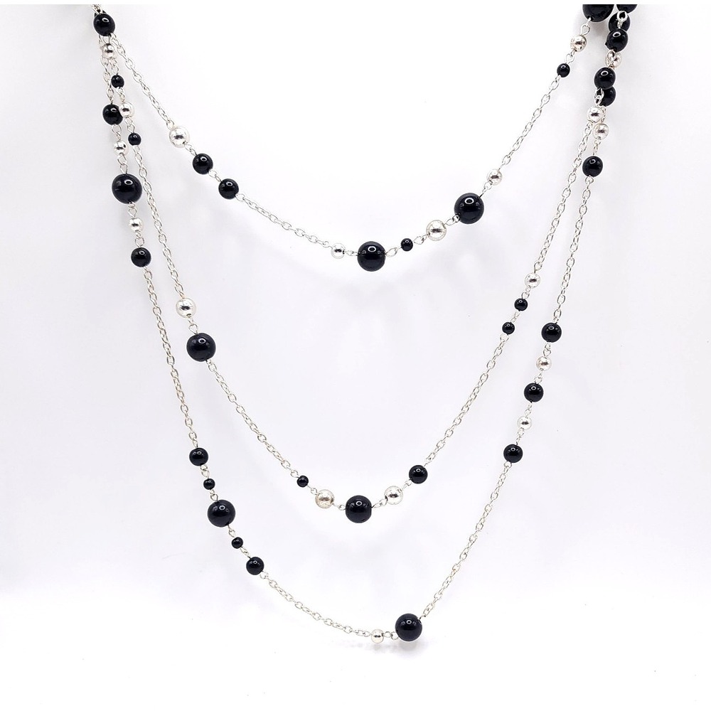 Triple Strand Black Silver Bead Necklace‎